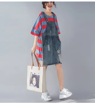 

Literary Patchwork Dress For Women Stitching Denim Ladies Dresses Fake Two Korean Dress Loose Stripe Vestidos De Fiesta Robe