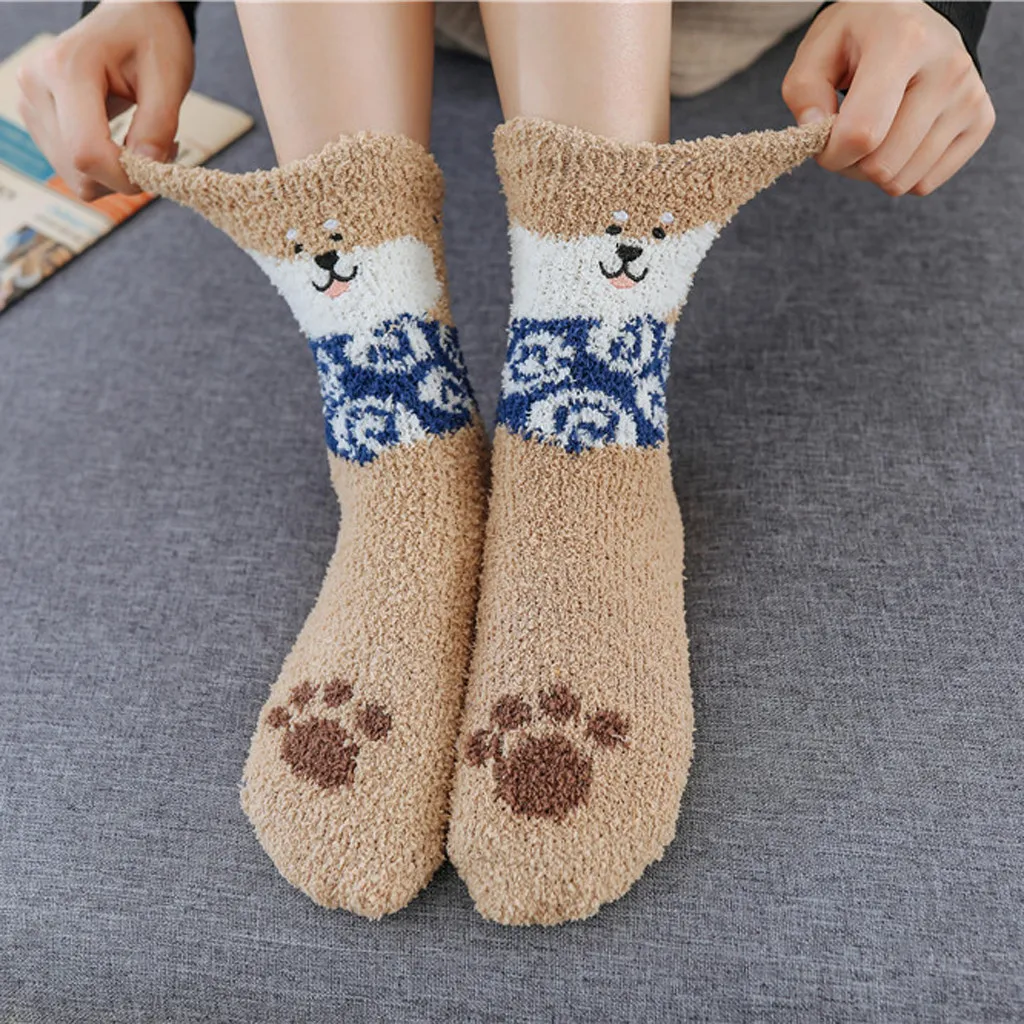 Winter Women Socks Cartoon Puppy Coral Fleece Floor Socks Lovely Thickening Cotton Middle Socks Keep Warm Socks Christmas Gifts