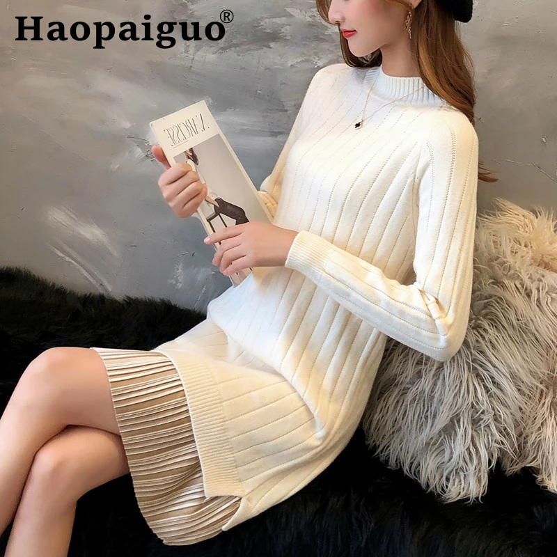 

6 Color Solid Lace Patchwork Knitted Sweater Dress Women Long Sleeve Bodycon Dress Women Autumn Winter 2019 Elegant Dress Ladies