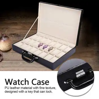 

24 Grid Watch Storage Suitcase PU Leather Large Space Watch Storage Case with Key for Watch Sorage Box Tools
