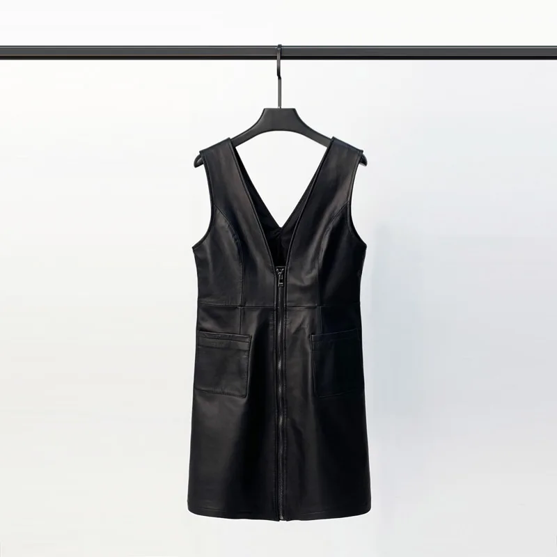 

2021 Spring New Leather Dress Female Mid-length Skirt Strap Sheep Skin Leather Skirt Casual V-neck A-line Skirt Trend