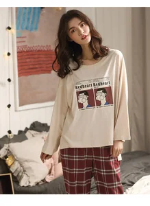 Image 2 - Women Home wear Long Sleeve spring checked Pajamas Sets  wine red plaid Cotton Sleepwear girls indoor clothing female housewear