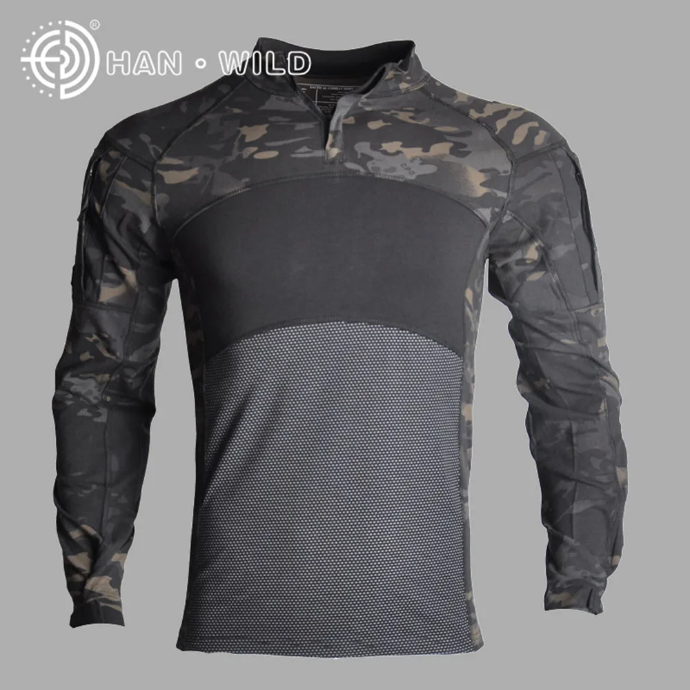 Military Uniform Multicam Army Combat Hunting Camouflage Tactical Shirt Men Long Sleeve Outdoor Elbow Frog Training Hiking Shirt - Цвет: Black Camouflage