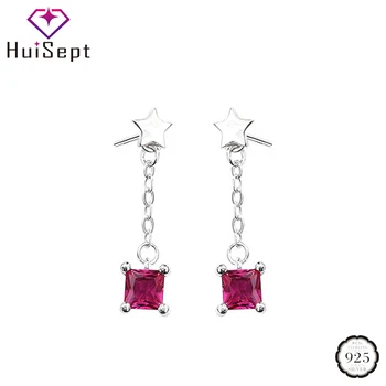 

HuiSept Trendy Earrings for Women S925 Sterling Silver Jewelry Square Ruby Gemstone Star Shape Drop Earring Wedding Accessories