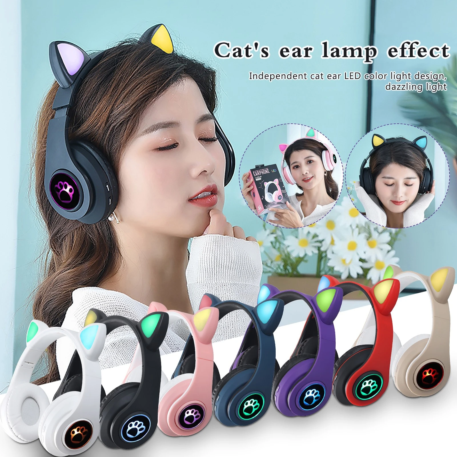 B39 auriculares inalámbricos con orejas de gato, cascos con 5,0, luminosos, para juegos de ordenador, Soporte para tarjeta TF, Cable de Audio 3,5mm|Auriculares y audífonos| - AliExpress