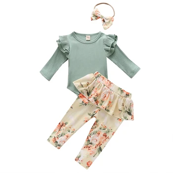 

FOCUSNORM 3Pcs Breathable Baby Girls Outfit Set Sweet Fly Sleeve Romper+Floral Printing Long Pants+Headwear Set 0-18Months