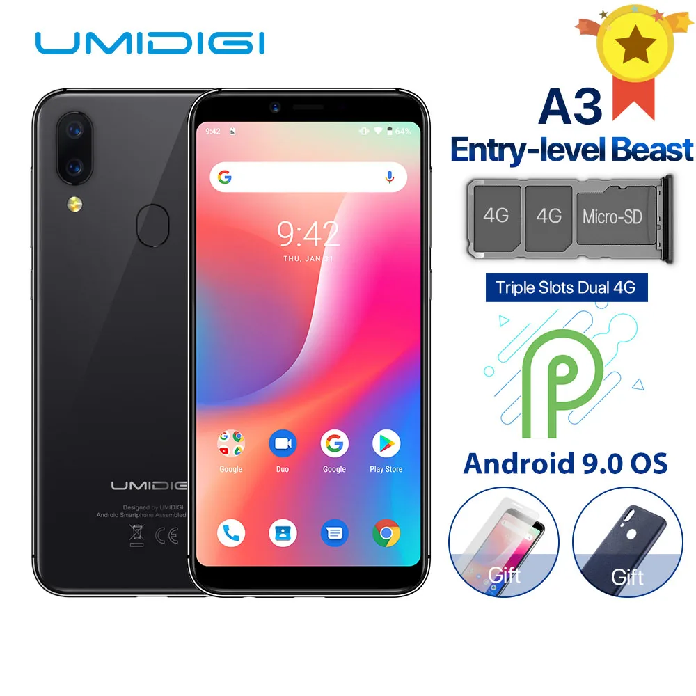 UMIDIGI A3, глобальная полоса, двойной, 4G, 5,5 дюйма, incell HD+ дисплей, 2 ГБ+ 16 ГБ, мобильный телефон, четырехъядерный, Android 9,0, разблокировка лица, смартфон 12 Мп+ 5 МП