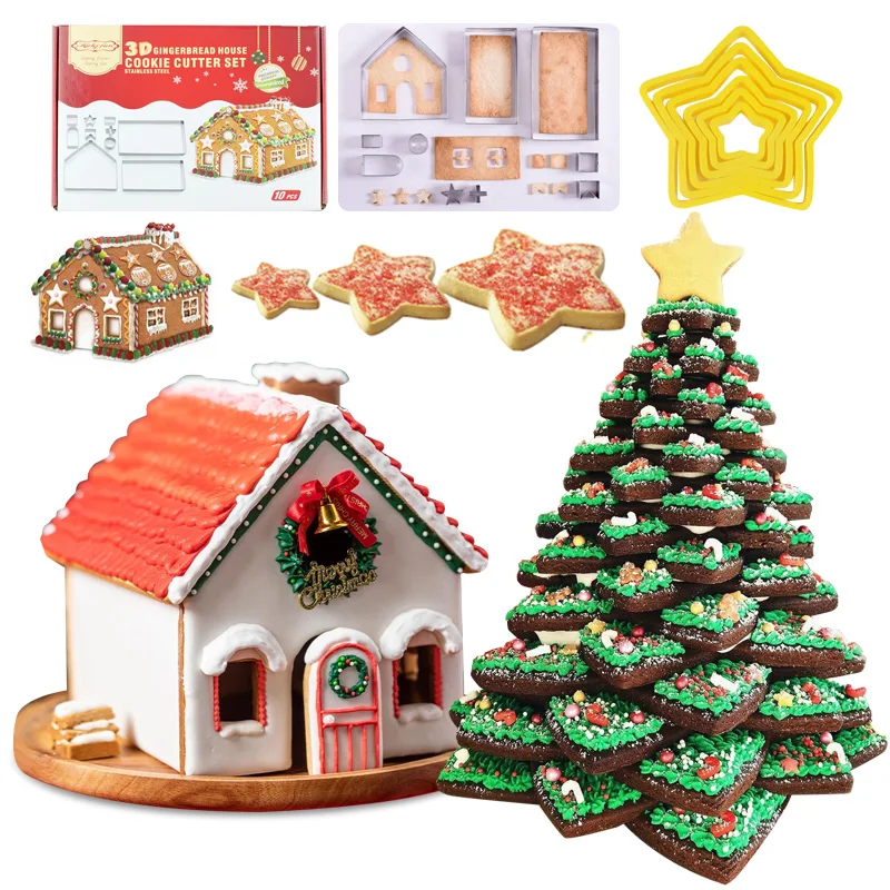 Stainless Steel Christmas Cookie Cutters Set Mold Gingerbread House Biscoito Biscuit Mould Xmas Tree Baking Accessories