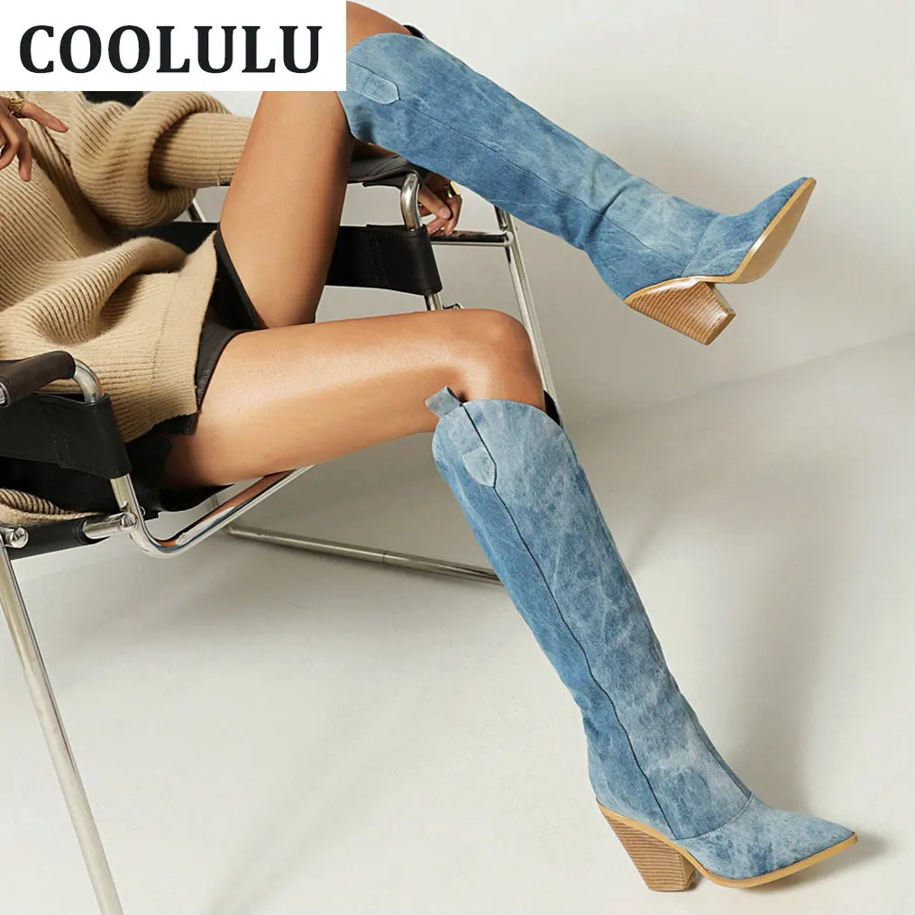 Stacked Heel Cowgirl Boots Winter Shoes 