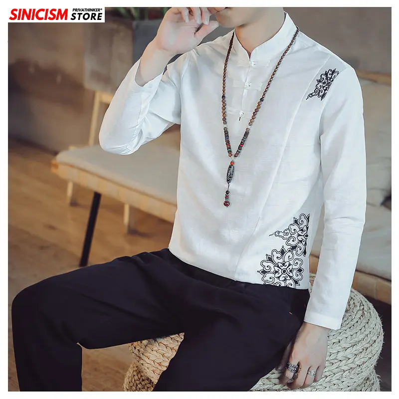 Sinicism Store мужские рубашки с длинными рукавами и вышивкой, Мужская Осенняя винтажная Китайская одежда, Мужская свободная приталенная рубашка оверсайз