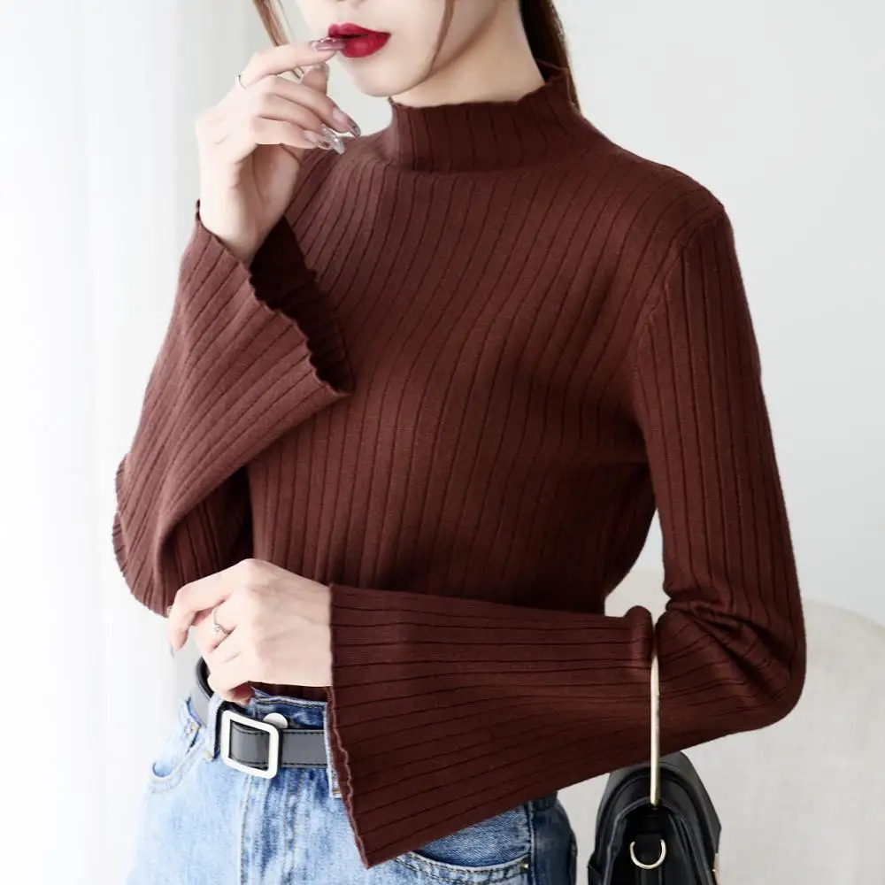 

Women knitted cotton Women Sweater Autumn and Winter New Half high collar Sweater Pullover Warm Soft Full Sleeve Knit sweater