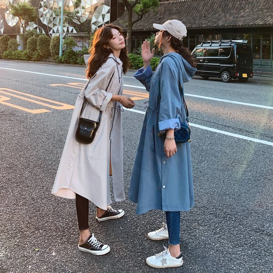 

Photo Shoot Main Push INS Peacock Blue Webbing Drawstring Waist Hugging Big Hemline Hooded Workwear Trench Coat Long Casual Coat