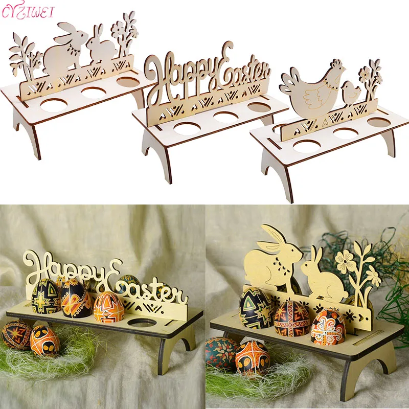1Pc Wooden Rabbit Pattern Easter Egg Shelve Wooden Egg Rack Holder for Happy Easter Party Ornament DIY Painting Easter Egg Stand