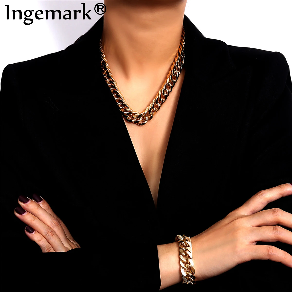 

Ingemark Vintage Punk Lock Chunky Chain Necklace Bracelet NE+BA Hip Hop Gothic Twisted Choker Necklace Best Women Jewelry Set