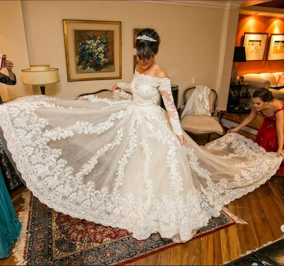 Robe De Mariage винтажное кружевное свадебное платье русалки с длинными рукавами аппликация с открытыми плечами Свадебные платья Casamento WM33