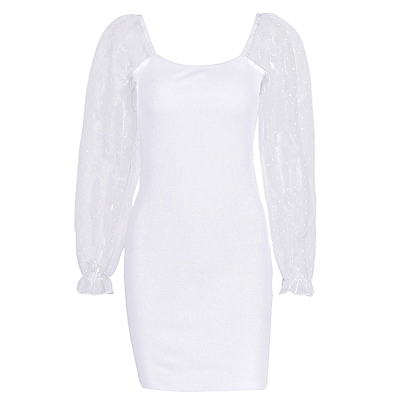 Foridol, Тюлевое платье с пышными рукавами, Сетчатое Тюлевое облегающее платье, женское осенне-зимнее клубное мини-платье, модное трикотажное платье vestidos - Цвет: White-4
