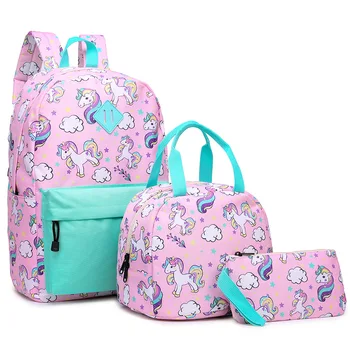 

Pink Unicorn 3pcs Sets Backpack+Meal Pack+Pencil Case Printing School Canvas Student Teenage Shoulder Bags Mini Travel Backpack