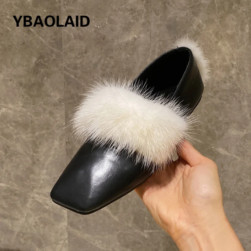 Mink Fur Shoes Square Toe Plus Velvet Cotton Scoop Shoes Fashion Solid