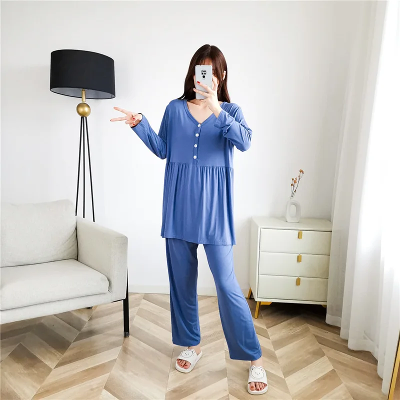 Fdfklak 2024 Maternity Clothes Suit V-Neck Maternity Pajama Long Sleeve Nursing Sleepwear Spring Autumn Breastfeeding Set