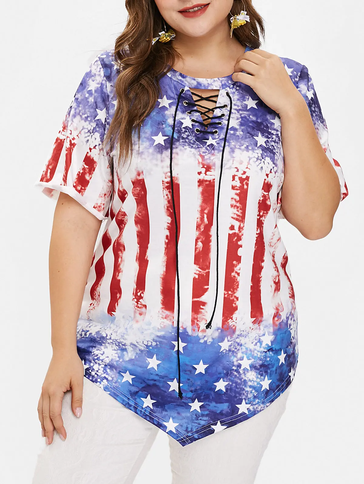 

fashion Plus Size Tie American Flag Tee With Lace Up V-Neck Printed Patriotic Tee Half Sleeve Length Casual T-Shirts Cobalt Blue