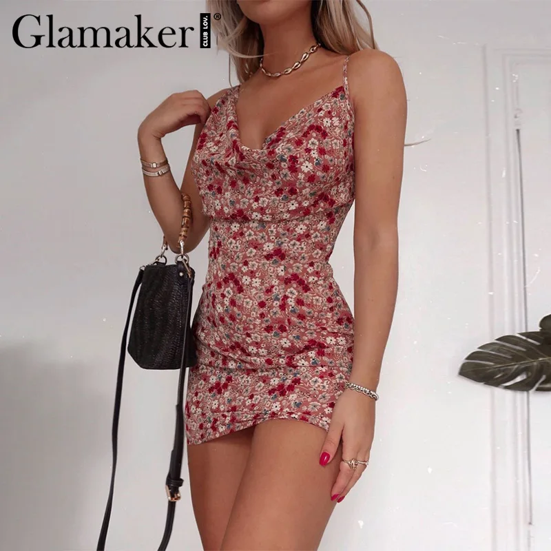 Женское Короткое платье без рукавов с цветочным принтом Glamaker элегантное