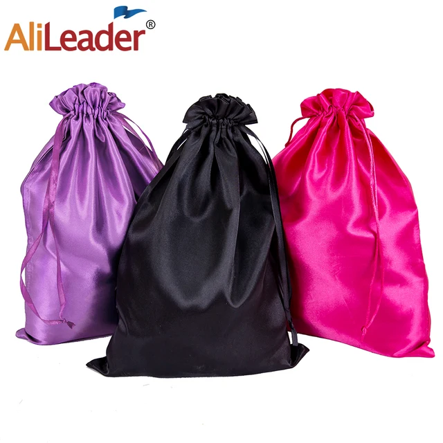 Alileader-Bolsa de satén negro para embalaje de cabello, bolsa de almacenamiento con logotipo, para polvo, con cordón, para pelucas, 2 unidades