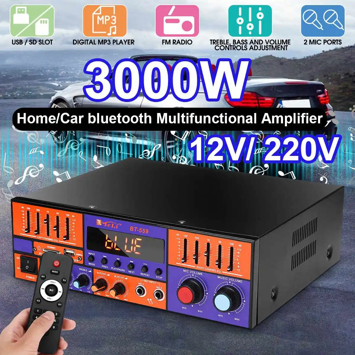 3000W Audio Power Amplifier bluetooth Car Digital Stereo Amplifier HIFI USB FM SD with Remote