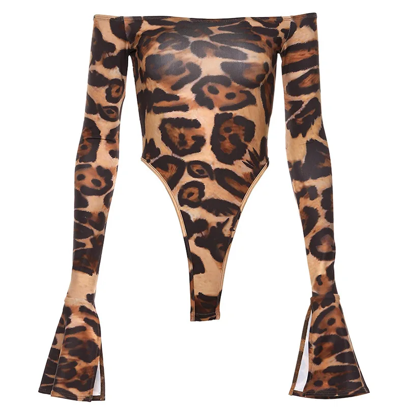 CHRLEISURE Women Jumpsuit One-piece Trumpet Sleeves Word Collar Sexy Leopard Slim Body Tight Autumn Joint Slim