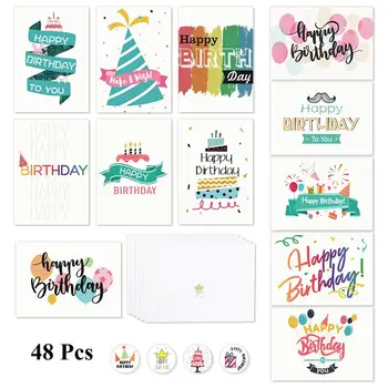 

A Set of 48PCS Birthday Cards With 48PCS Envelopes 48PCS Stickers for Kids Note cards with Envelopes Invitations Blank inside
