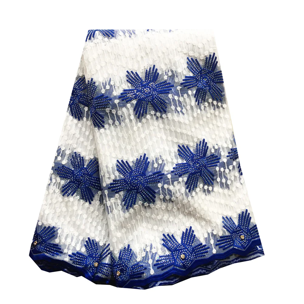 

Royal blue white silk milk african lace fabric Embroidered Nigerian Tulle Lace Fabric With Stones For Wedding Dresses