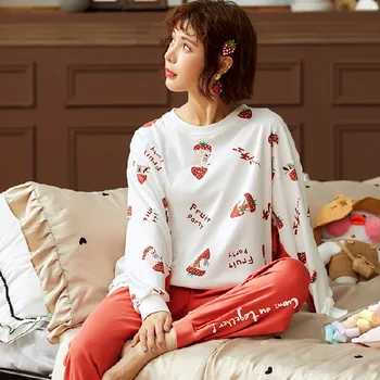 

Pajamas Women's 2020 Spring and Autumn New Two-piece Long Sleeve Cute Cartoon Simple Plus Size Cotton Comfortable Home Service