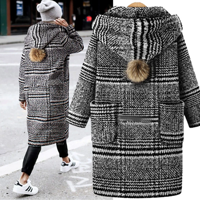 Элегантное пальто, Осеннее и зимнее шерстяное пальто, женское свободное клетчатое шерстяное пальто, пуговица, широкая талия, однобортное флисовое пальто