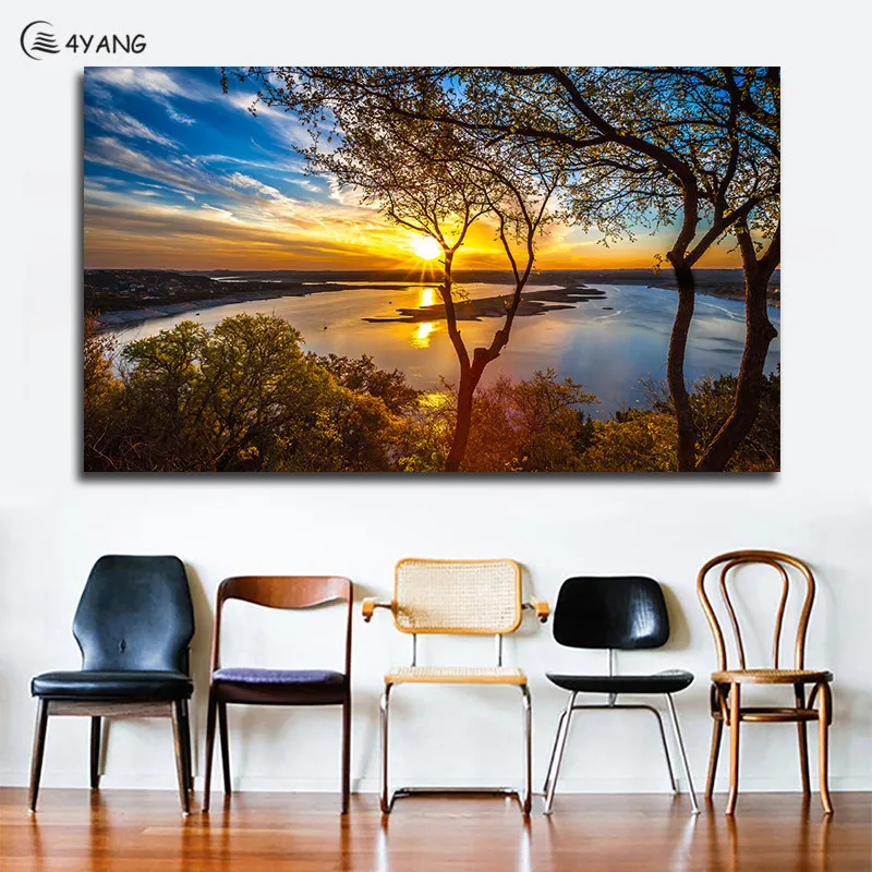 

4YANG Tree of Life Abstract Tree Painting Poster Modern Art Pictures HD Home Living Room Decoration Canvas Inkjet Sunset Trees