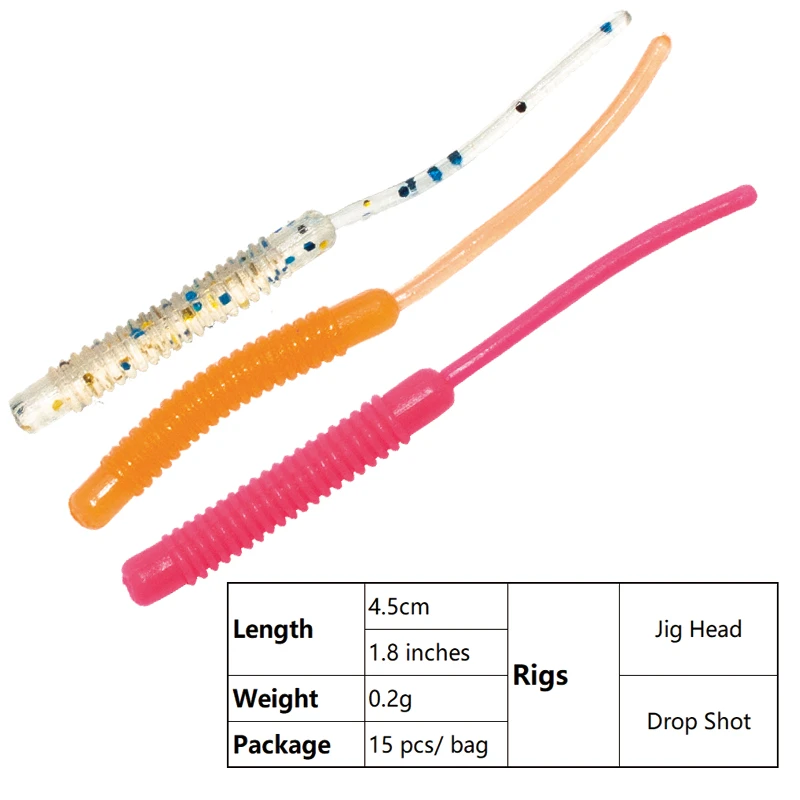15pcs Artificial Rubber Soft Baits 5cm/0.6g Fishing Lure Worm hook lead Jighead