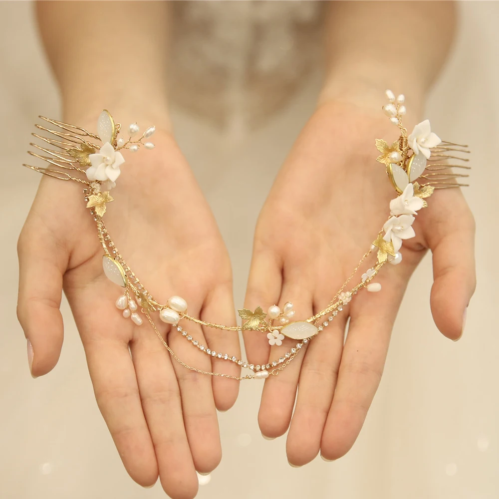 Изящный фарфоровый цветок расческа для волос невесты Кристальный жемчуг ободок