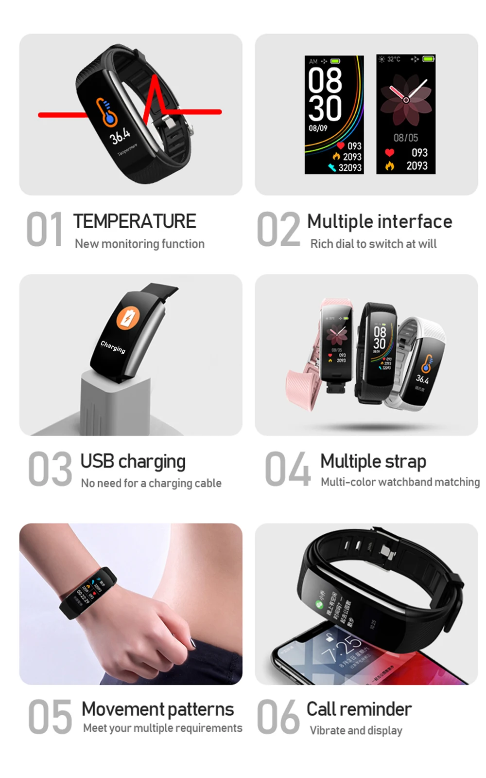 C6T Smart Bracelet Watches Body Temperature Wristband IP67 Waterproof Sleep Monitor Fitness Health Tracker Bluetooths Smartband