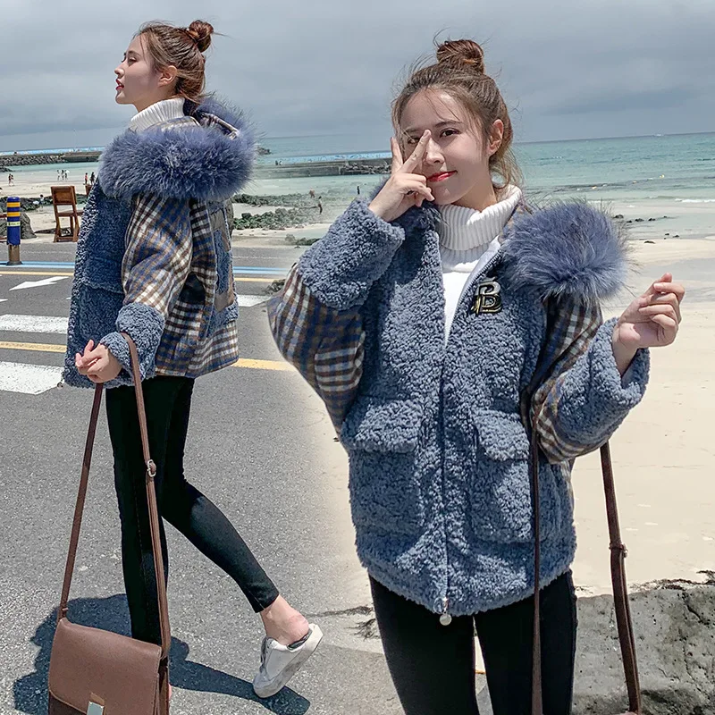 

2019 Autumn And Winter New Style Lambs Wool Coat Women's Fashion Thick Large Fur Collar Short-height Loose-Fit Plaid Short Coat
