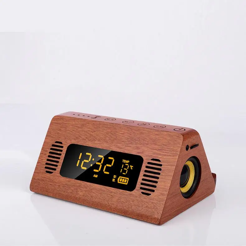 Будильник Bluetooth динамик FM радио цифровой Температура сенсорный экран Ретро Повтор Настольные часы телефон зарядка Голосовая трансляция - Цвет: brown
