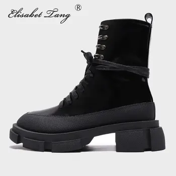 

ElisabetTang Fashion Boots Female 2020 Autumn New Black Soft PU Leather Women Booties Lace Up winter women shoes Zapatos Mujer