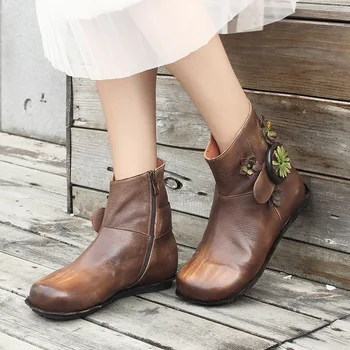 

2019 Leather Boots Women Handmade Cowskin Flat Heel Female Shoes Square Head Ankle Boots For Women