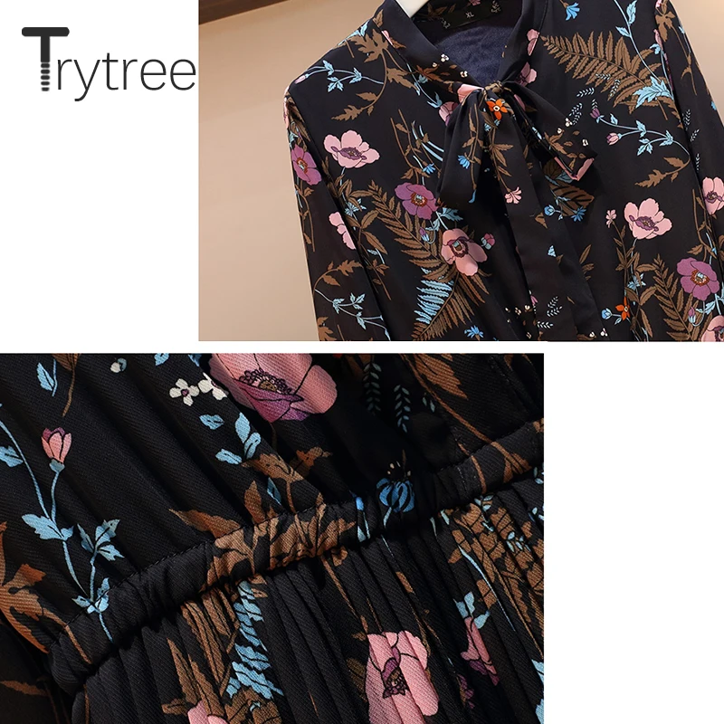 Trytree осеннее женское Повседневное платье с бантом и цветочным принтом, эластичная талия, модное ТРАПЕЦИЕВИДНОЕ плиссированное платье до середины икры, офисное платье для девушек