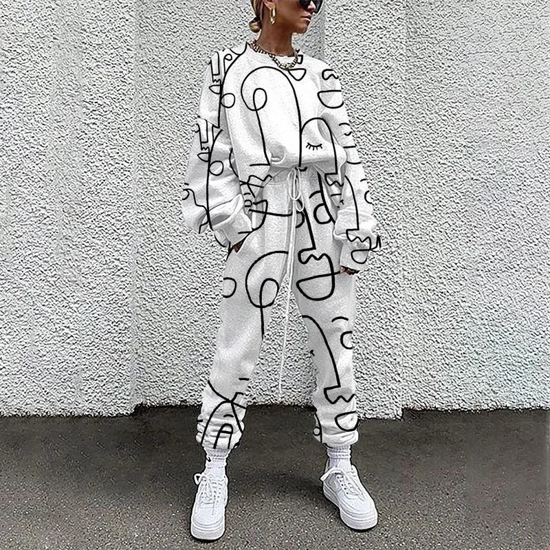 Abstract Female Print Pattern 2 Piece Set Fashion Casual O Neck Tops and Loose Pants Workout Sets 2021 Spring Autumn Streetwears |