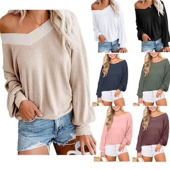 

clothing OWLPRINCESS 2019 Autumn New Style V-neck Loose-Fit Long-sleeved T-shirt Tops off-Shoulder T-shirt
