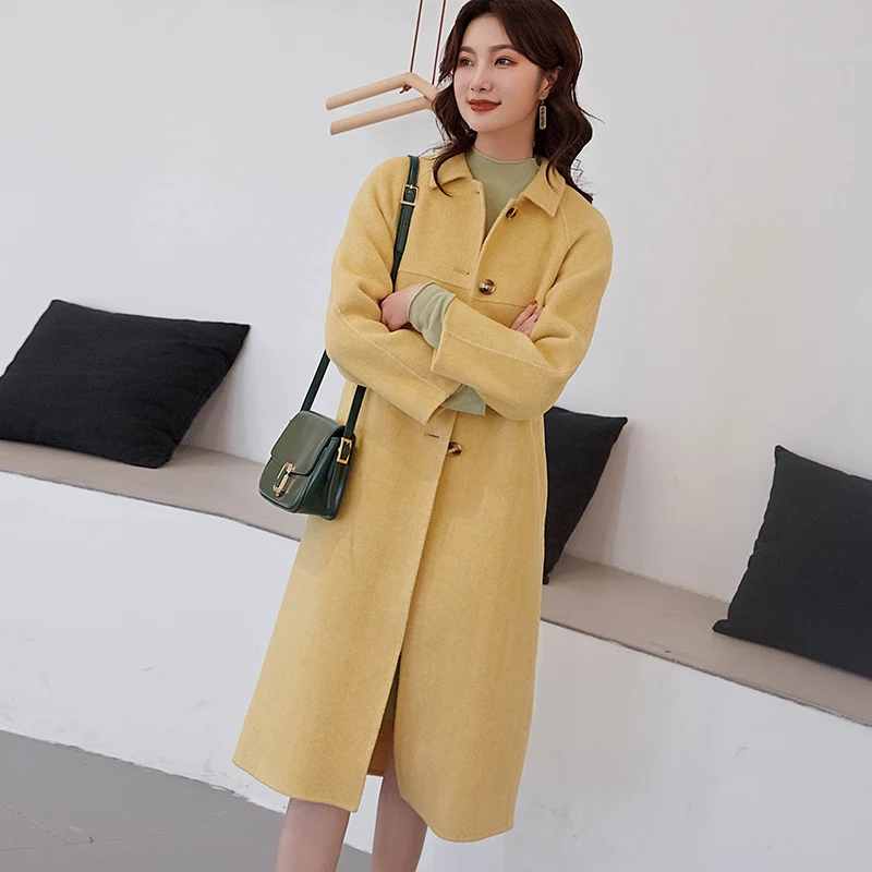 yellow Женское пальто зимнее Новое двухстороннее Женское пальто из чистого кашемира свободное шерстяное пальто с длинными рукавами длинное плотное шерстяное пальто - Цвет: yellow