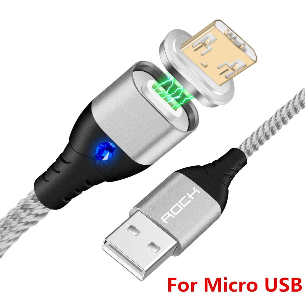 Silver For Micro USB Магнитный кабель ROCK 5A, супер быстрый зарядный кабель для передачи данных, usb type C кабель со светодиодной подсветкой для iPhone Xiaomi Huawei Android Phone 1 м - Цвет: Silver For Micro USB