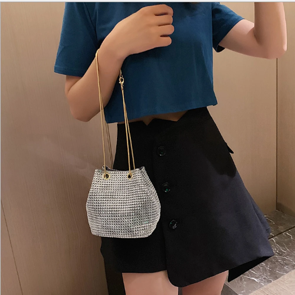 Fashion Evening Bag Women's Rhinestone Bucket Bag Crystal Clutches Shoulder Bucket Bag Shining Cross-body Hand Bag