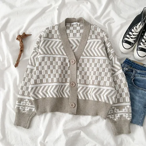 Gaganight Geometric Casual Loose Women Cardigan Long Sleeve V Neck Kardigan Single Breasted Fashion Cardigans Female Korean Chic - Цвет: Khaki