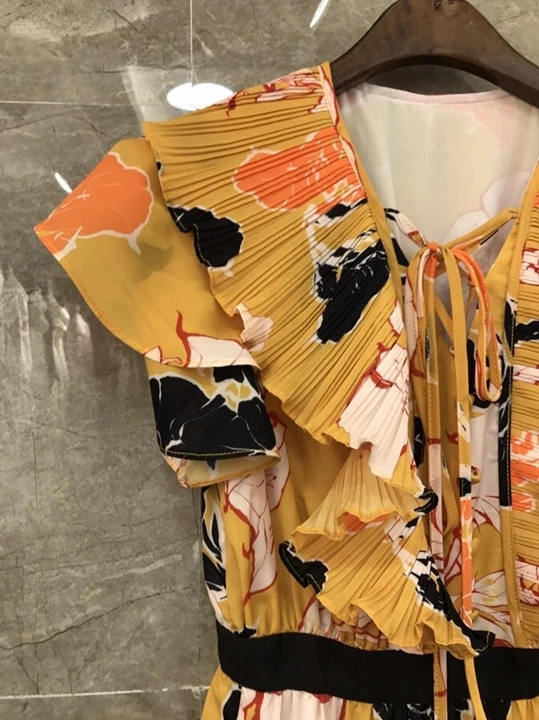 Early Autumn New Female Necktie Knotted Decorative Printed Pleated Long Dress 902