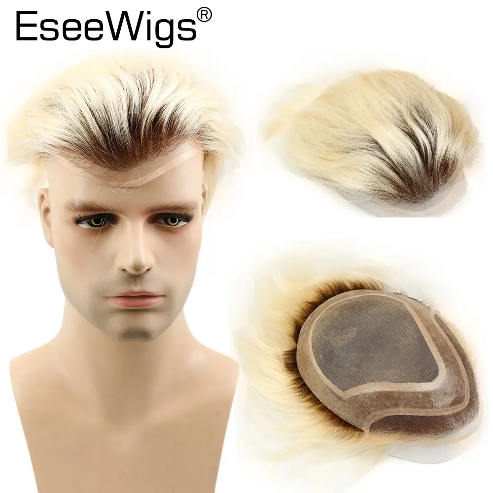 Eseewigs коричневые корни 60 платиновый блондин Ombre Парик 4T60 прямо бразильский Реми человеческие замена волос системы для мужчин 10x8
