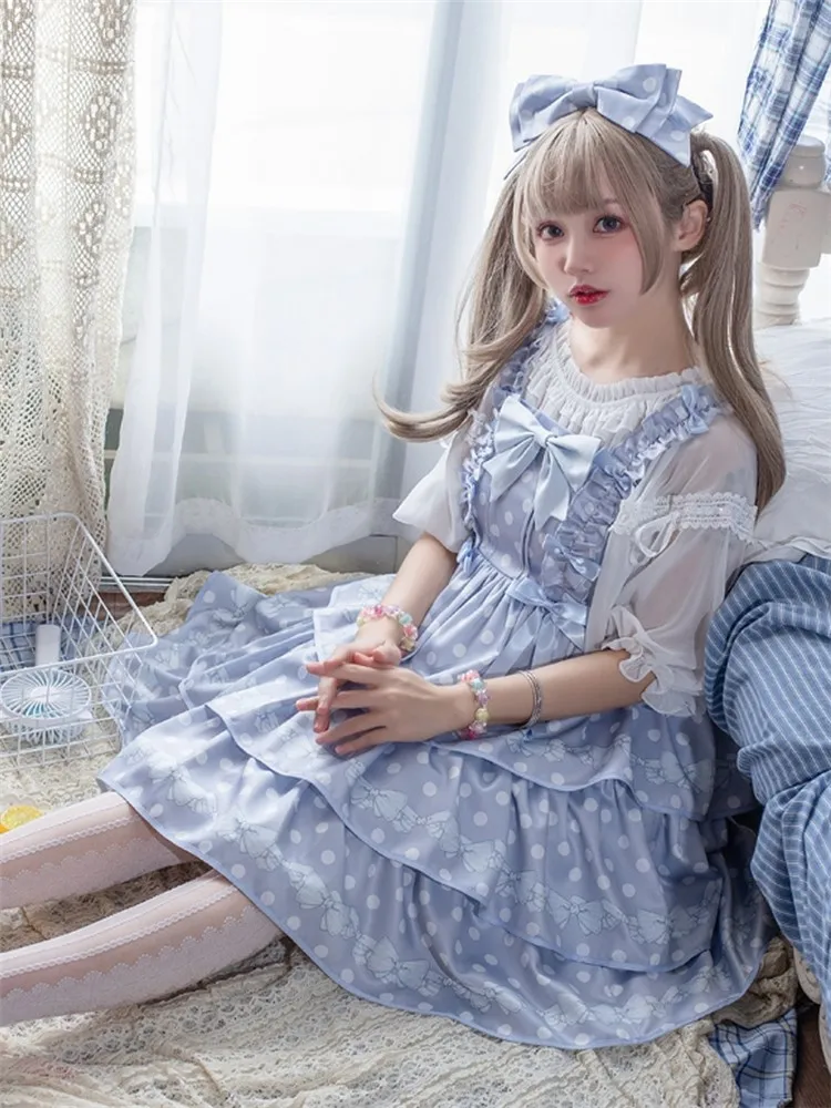 

White Blue Lolita Jsk Dress Sweet Girls Cosplay Kawaii Style Suspender Dot Dresses Loli Costume Japanese Cute Sleeveless Gothic